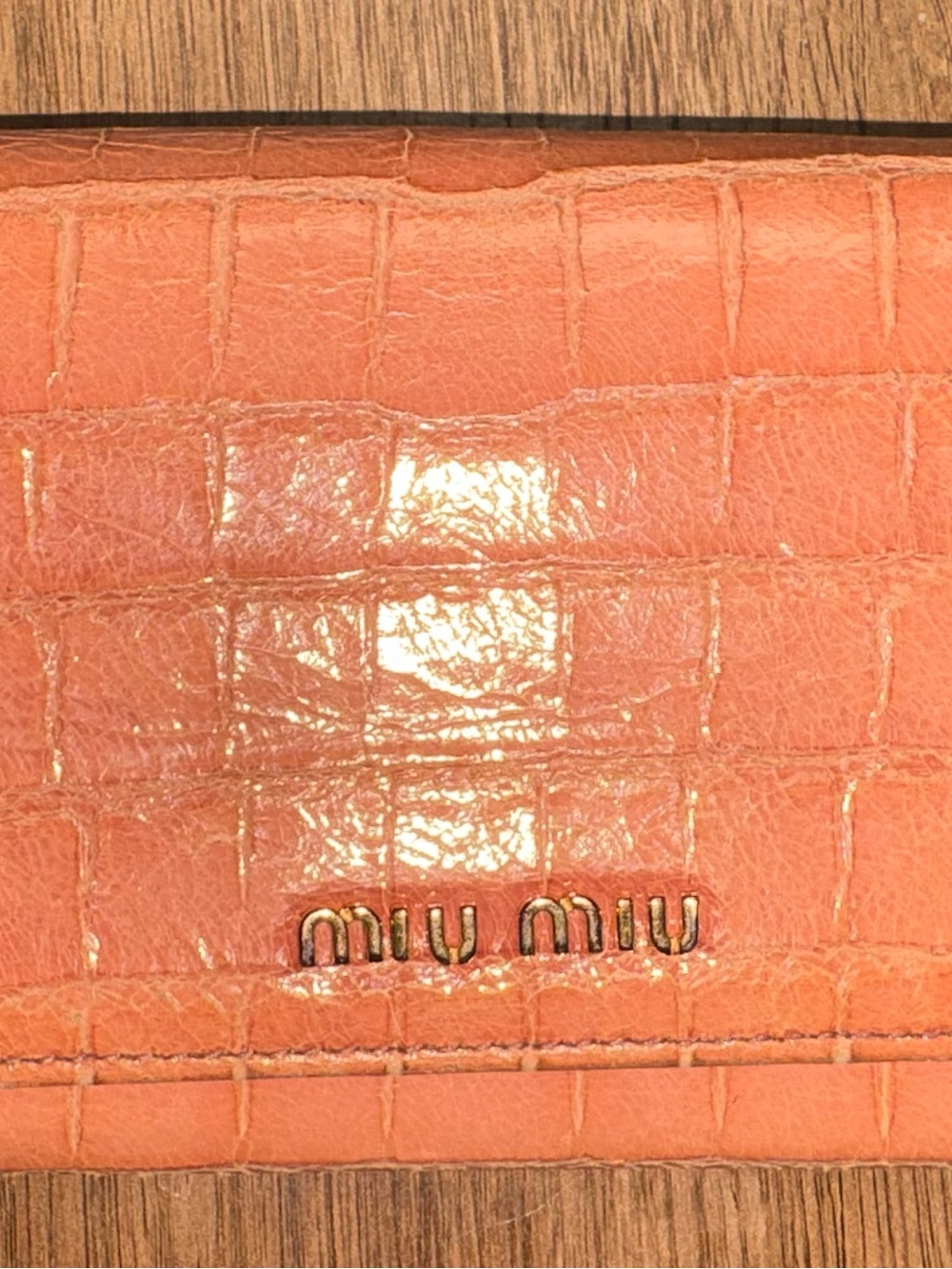 Miu Miu Coral Croc-Embossed Patent Leather Wallet with Gold Logo Accent